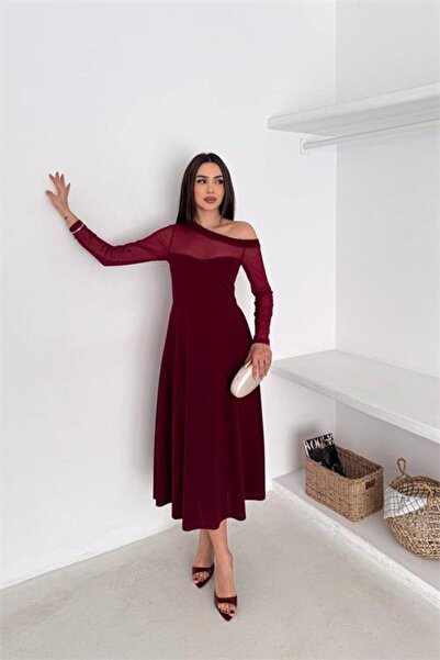 Neşeli Butik Women's Burgundy Transparent Detailed One-Shoulder Long-Sleeved ...