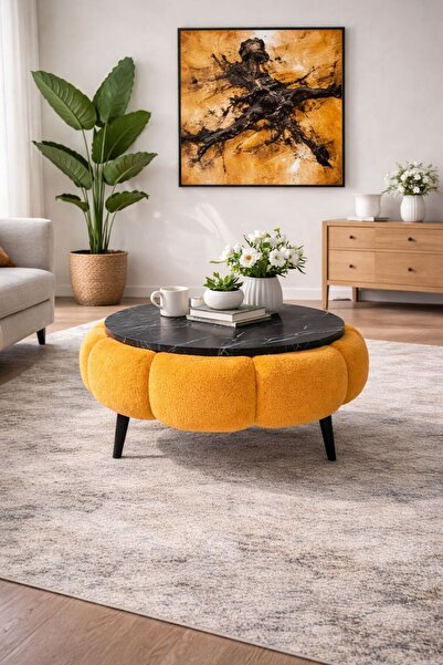 KOKİ DESİGN Siyah Mermer Desen Tablalı Wellsoft Turuncu Kumaş Kaplamalı Yuvar...