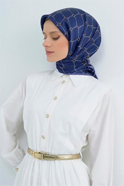 Armine Sura Pure Silk Scarf 9538 - 34 Navy Blue Chain Pattern