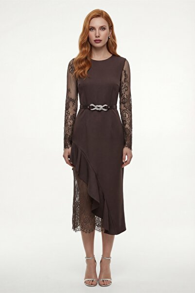 Lafaba Women's Brown Lace Detail Midi Dress
