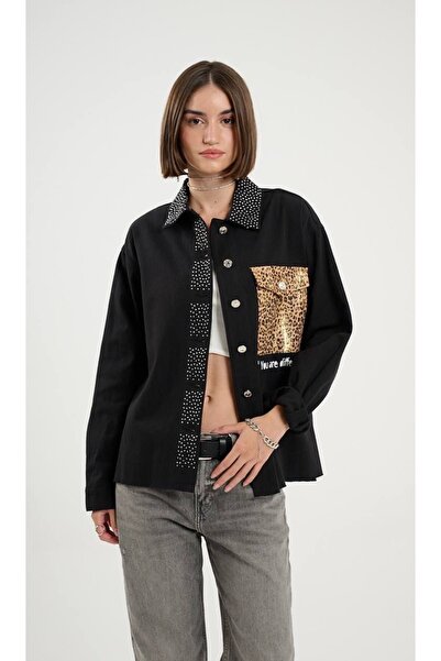 Sep Butik سترة جينز بنقشة الفهد باللون الأسود