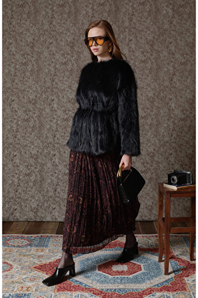 Fatma Atasoy Kemerli Crash Bordo Etnik Desen Şifon Etek