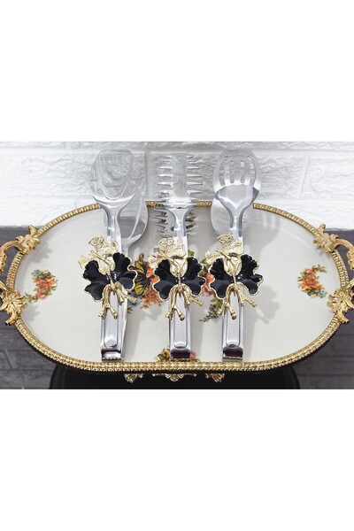 atabey home Silver Serving Tongs Set of 3 Black Butterfly Pasta/Cake/Dinner/P...
