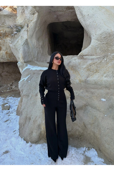 kırmızı butiks Siyah Çıtçıtlı Triko İkili Takım