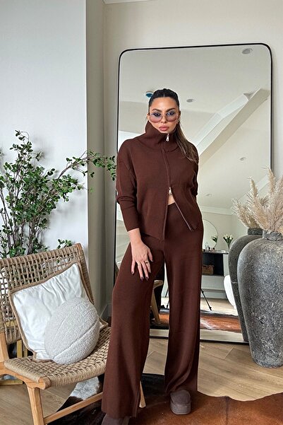 Sohotique By P Half Fisherman Double-Way Zippered Knitwear Suit Brown