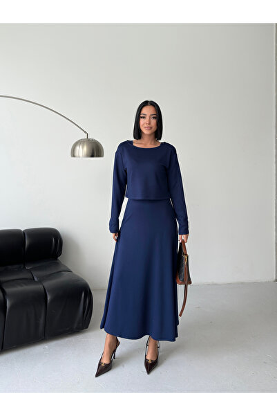 LE CARAMBOLE Women's Navy Blue Boat Neck Blouse Dress Double Set