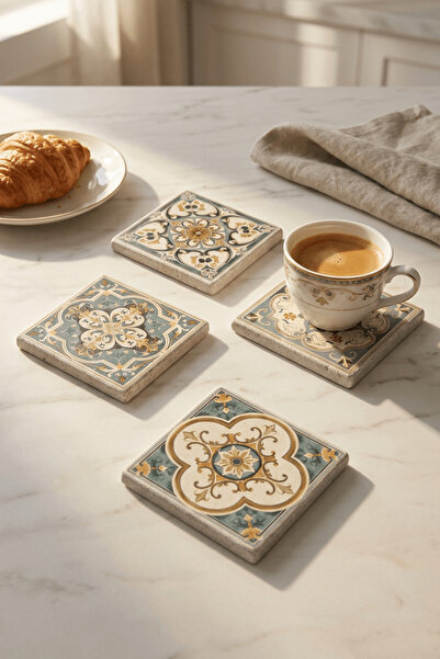 Baumatelier مجموعة من 4 قواعد أكواب حجرية من الترافرتين الطبيعي بنمط بلاط أخض...