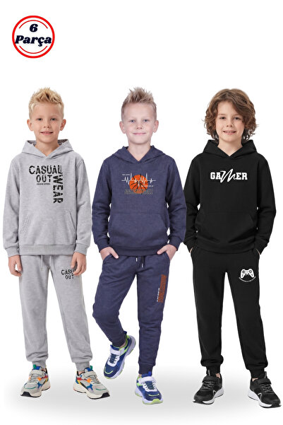 FYK KİDS 6-Piece Boys' Tracksuit Set with 3 Kangaroo Pockets and Hooded Print...