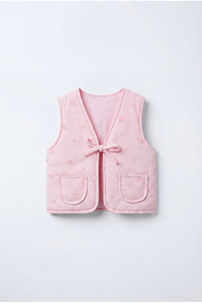 Magu Детско памучно розово кардиганче с шарки на сърца и връзки отпред