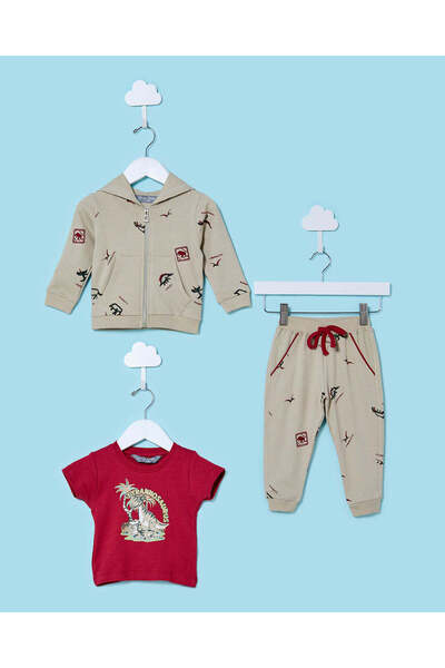 REDTAG طقم ملابس رياضية للأطفال الرضع من الأولاد باللون الأحمر بنقشة ديناصورا...