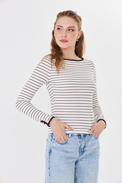 Sortie Women's Button Detail Boat Neck Brown Ottoman Striped Blouse