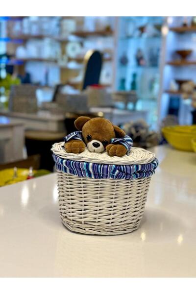 Sever White Plush Detail Oval Wicker Multipurpose/Toy Basket 23X17X17Cm