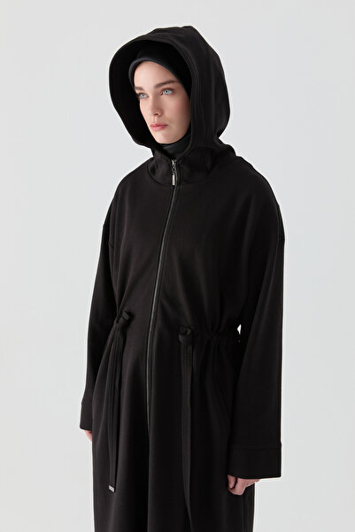 Tuğba Kapüşonlu Tünel Kemer Detaylı Örme Kap - Siyah