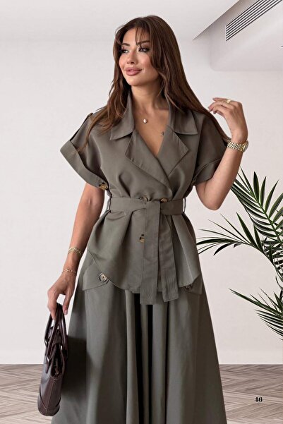 Moda Amore Safari Style Belted Jacket Flared Skirt Women's Two-Piece Set 805