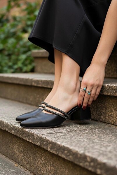 Santamarina Women's Amber Pointed Toe Stone Detailed Thick Heeled Daily Slippers