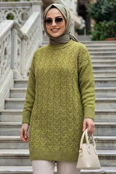 N.S NEVA STYLE Tunică pulover din tricotaj hijab verde ulei, cu detalii trico...