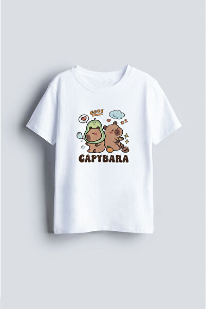 MODA Tricou pentru copii cu imprimeu Capybara, alb, cu gâtul tip bicicletă