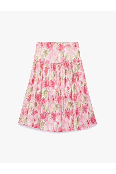 Koton Viskon A Kesim Pileli Çiçek Desenli Viskon Midi Etek