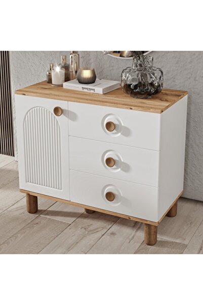 GuneyStore Rosa Komple MDF Atlantik Çam - Beyaz Şifonyer - Ücretsiz Montaj