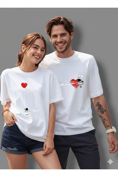 JENOLAN Lover's Combination Love Astronaut Printed Oversize T-Shirt Loose Fit...