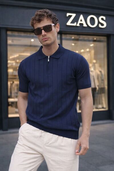 zs zaos fashion Tricou tricotat de bază pentru bărbați, cu fermoar, din bumba...