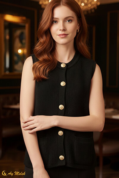 AYMELEK Women's Knitwear Crew Neck Buttoned Pocket Detailed Sweater/Pullover