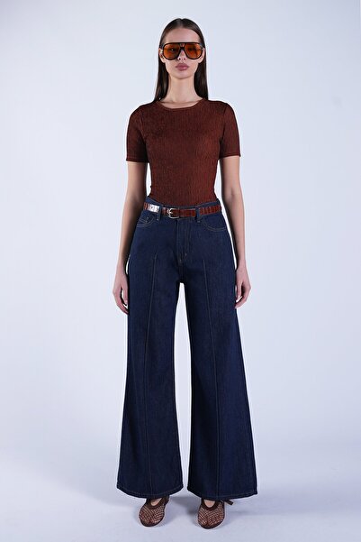 VAGGON Navy Blue Belted Palazzo Jeans