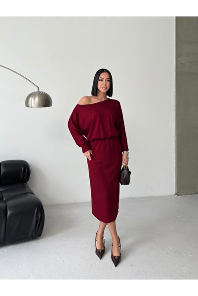 MODAMERSİ Women's Burgundy Boat Neck Modal Dress