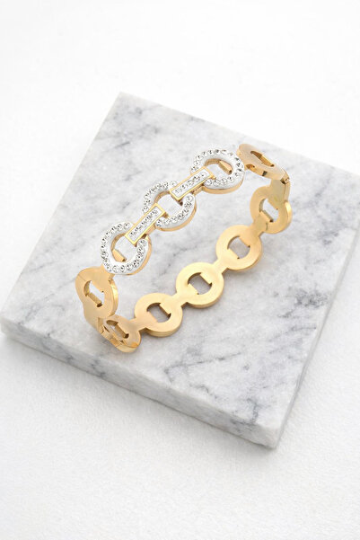 Bellenza Gold Renk Zirkon Taşlı Çelik Kelepçe Bileklik