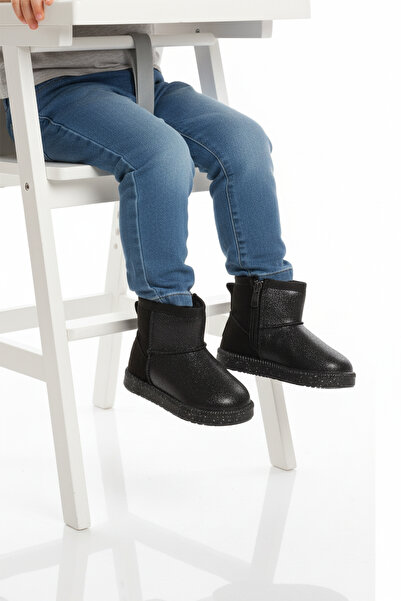 AYAKMOD Μαύρες γούνινες βρεφικές μπότες με φερμουάρ και λάμψη 1212 B