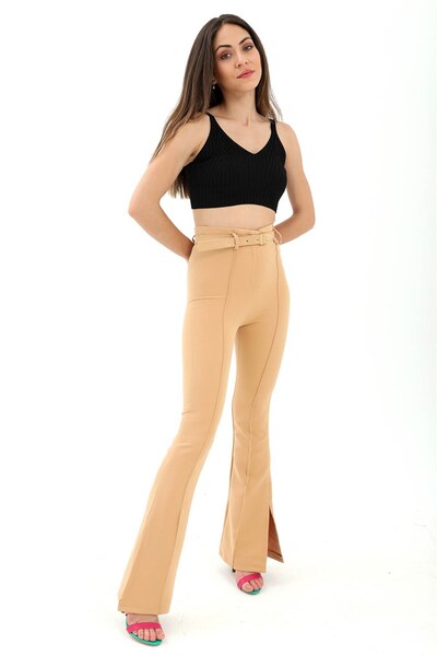 VELİZADE Women's Spanish-Style High-Waisted Lycra Pants with Belt Detail and ...