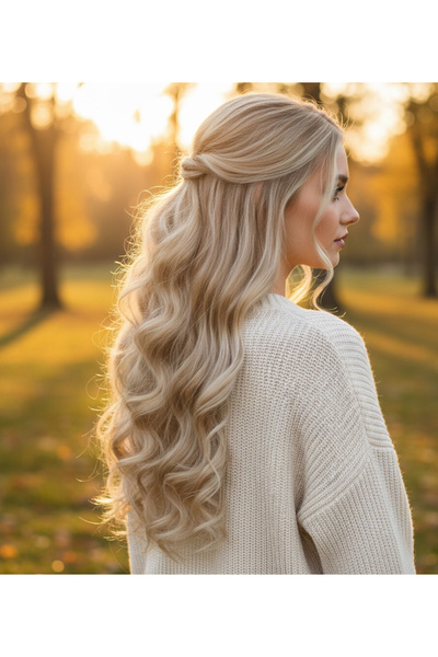 PERUK Uzun Kabarık Dalgalı 8 parça çıt çıt KUMRAL BEYAZ PLATİN RÖFLELİ