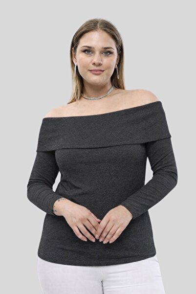 Seamoda Plus Size Madonna Collar Lycra Ribbed Blouse-Anthracite