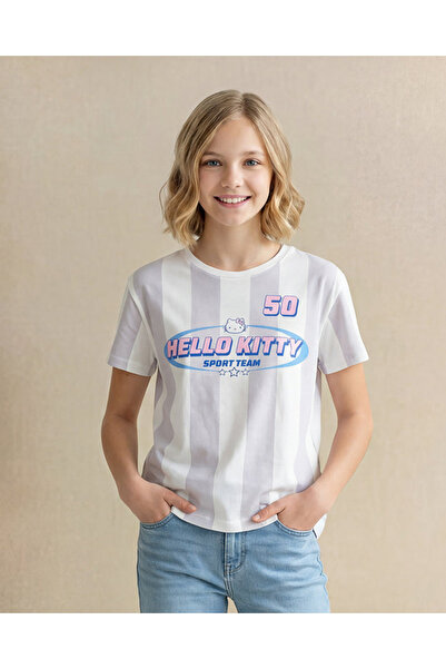 REDTAG Senior Girls Blue & White Striped Hello Kitty Oversized T-Shirt