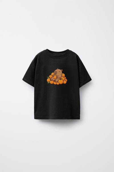 MODA Tricou pentru copii cu imprimeu Capybara, negru, cu gâtul tip bicicletă