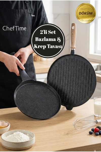 CHEFTİME 2'li Set Çift Taraflı Bazlama & Krep Tavası