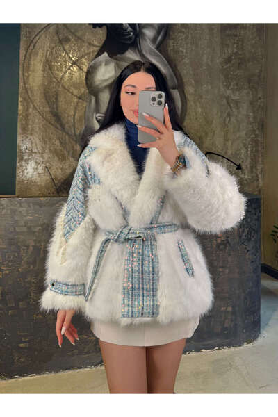 Markasız ucuz İnci Boncuk İşlemeli Kemerli Kaban-Beyaz Mavi