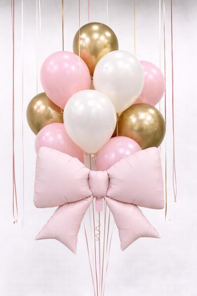 Patladı Gitti Pink Bow Foil Balloon Set – with Gold & Pink Latex Balloons