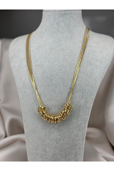 ZS Aksesuar Gold Renk Çift Zincirli Halka Detaylı Modern Çelik Kolye