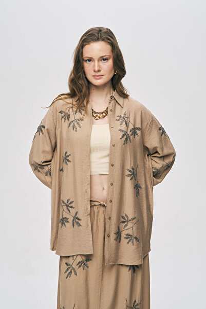 Orfeo Negro Women's Leaf Embroidered Oversize Cut Viscose Shirt