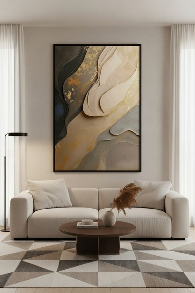 hollywest Bej ve Siyah Geçişli Estetik Sanat Tablosu | Modern Çerçeveli Tablo