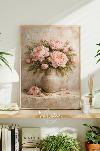 tablodea Pictură în ulei în stil vintage, cu flori de bujor roz, TD, pictură ...