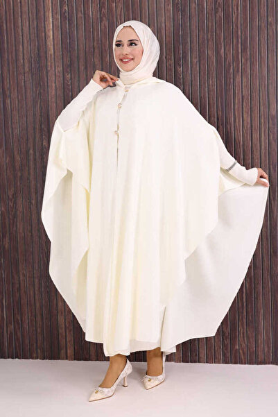 Bym Fashion Düğmeli Kapşonlu Triko Panço 18342 Ekru