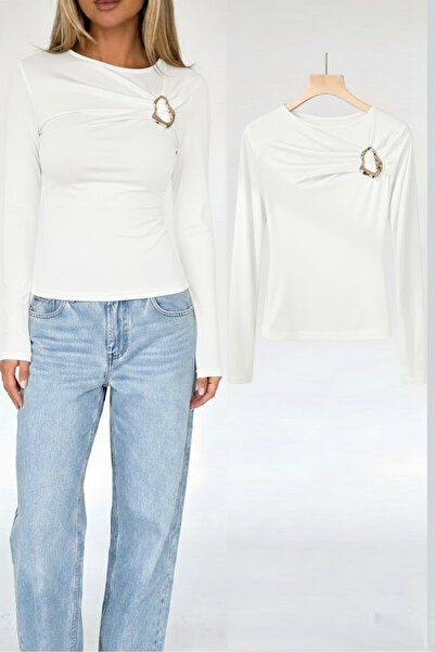 World Fashion Trends Пясъчна блуза с дълги ръкави и детайл с катарама