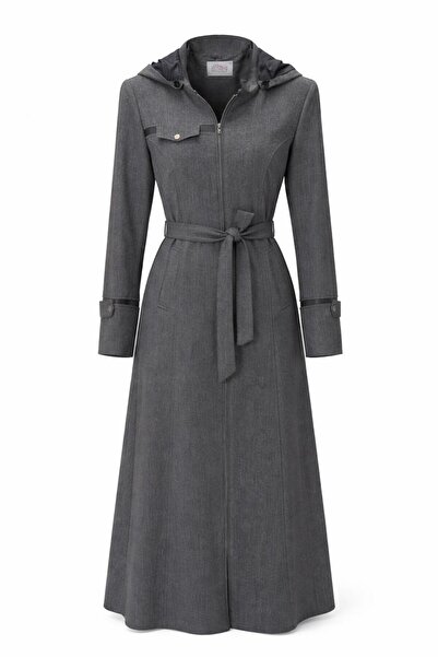 ESİN GİYİM Astarlı Kapüşonlu Mevsimlik Kuşaklı Uzun Pardesü