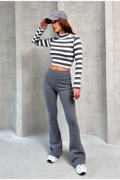 New Now BALIKÇI YAKA ŞARDONLU UZUN KOL ÇİZGİLİ CROP BODY İSPANYOL PAÇA TAYT TAKIM