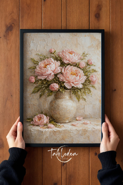 tablodea Pictură în ulei în stil vintage, cu flori de bujor roz, TD, pictură ...