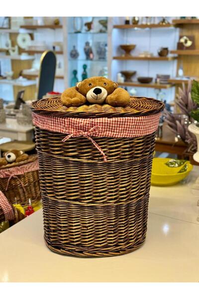 Sever Brown Plush Detail Oval Wicker Laundry/Toy Basket 50X38X57Cm