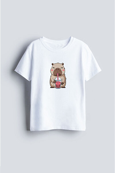 MODA Tricou pentru copii cu imprimeu Capybara, alb, cu gâtul tip bicicletă