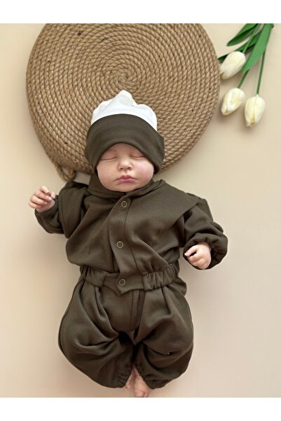 Mama Miel Baby Khaki Combed Cotton Jacket Pants Beret Set - 100% Cotton